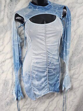 Darker Wavs XXL Arctic Ice Blue Aquatic Print Sheer Mesh Mini Dress Shrug Set